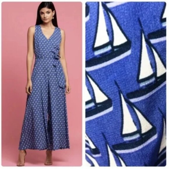 Eva Franco Pants - Eva Franco Anthropologie Sailboat Print Jumpsuit Blue & White Size 8 NWT